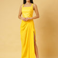 Sunshine Yellow Sequin Crop Top & Draped Skirt Co-ord Set for Women – Party Wear Two-Piece Outfit | Sleeveless, High-Slit Skirt, Festive Ensemble