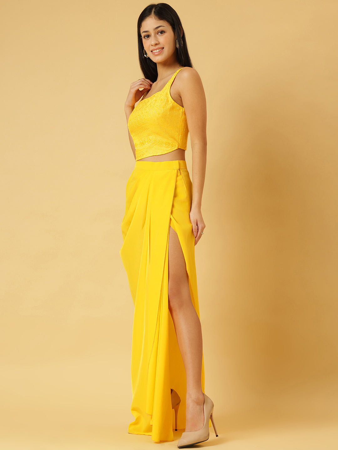 Sunshine Yellow Sequin Crop Top & Draped Skirt Co-ord Set for Women – Party Wear Two-Piece Outfit | Sleeveless, High-Slit Skirt, Festive Ensemble