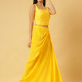 Sunshine Yellow Sequin Crop Top & Draped Skirt Co-ord Set for Women – Party Wear Two-Piece Outfit | Sleeveless, High-Slit Skirt, Festive Ensemble