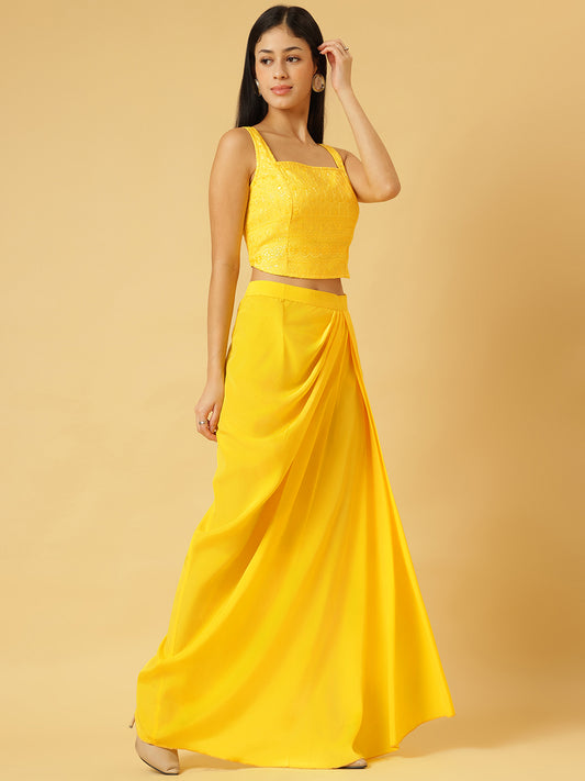Sunshine Yellow Sequin Crop Top & Draped Skirt Co-ord Set for Women – Party Wear Two-Piece Outfit | Sleeveless, High-Slit Skirt, Festive Ensemble