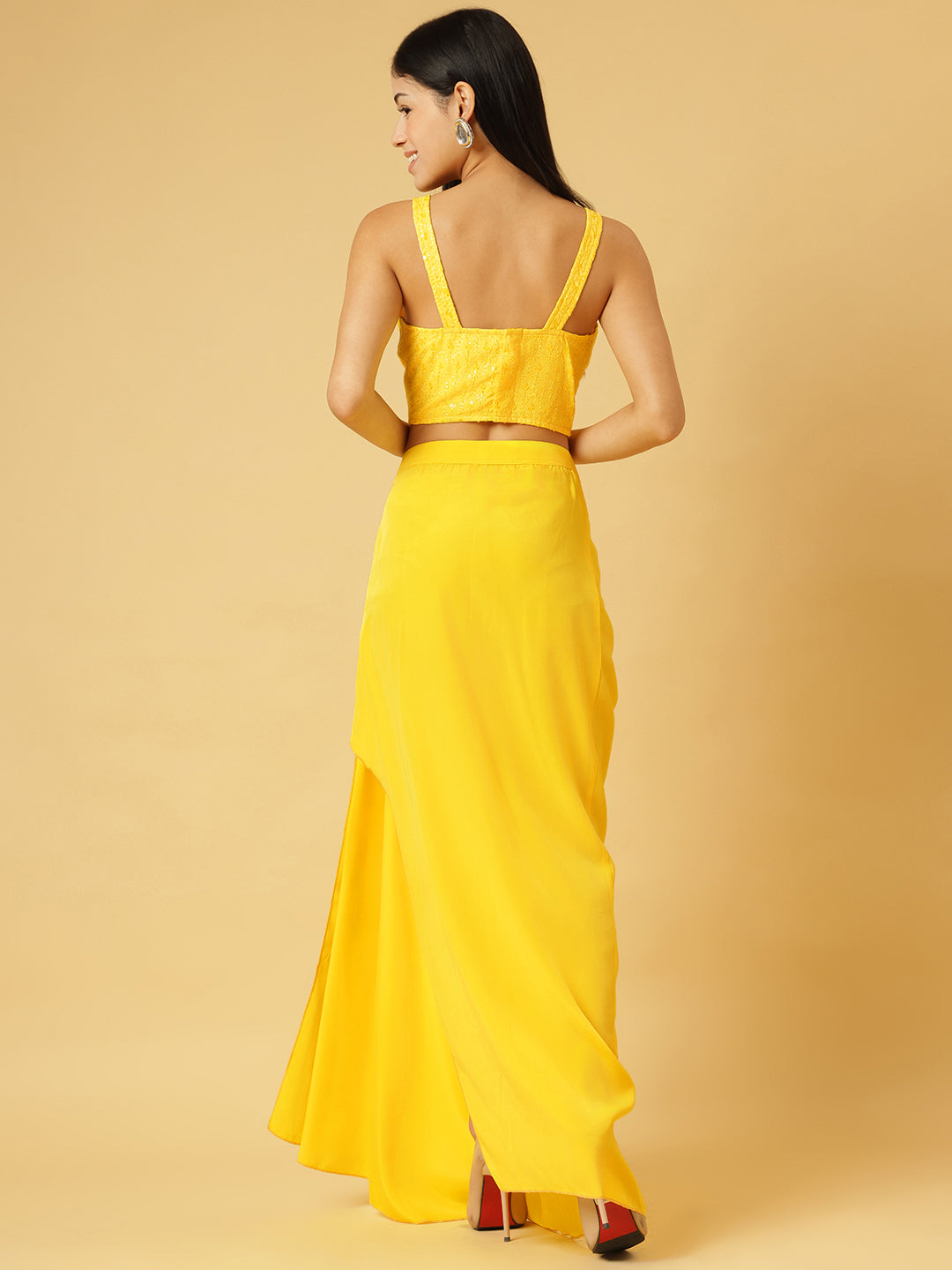 Sunshine Yellow Sequin Crop Top & Draped Skirt Co-ord Set for Women – Party Wear Two-Piece Outfit | Sleeveless, High-Slit Skirt, Festive Ensemble