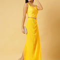 Sunshine Yellow Sequin Crop Top & Draped Skirt Co-ord Set for Women – Party Wear Two-Piece Outfit | Sleeveless, High-Slit Skirt, Festive Ensemble