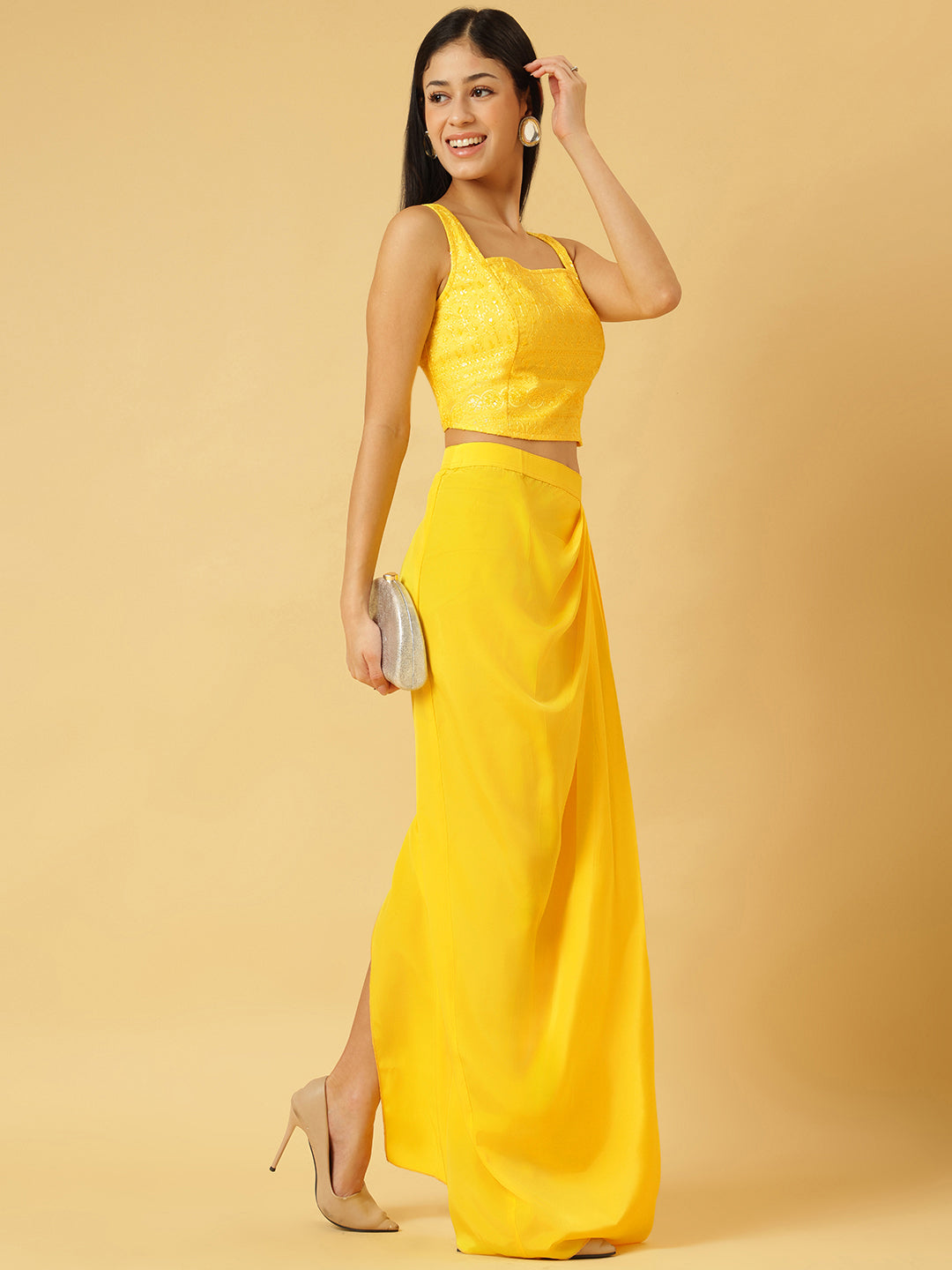 Sunshine Yellow Sequin Crop Top & Draped Skirt Co-ord Set for Women – Party Wear Two-Piece Outfit | Sleeveless, High-Slit Skirt, Festive Ensemble