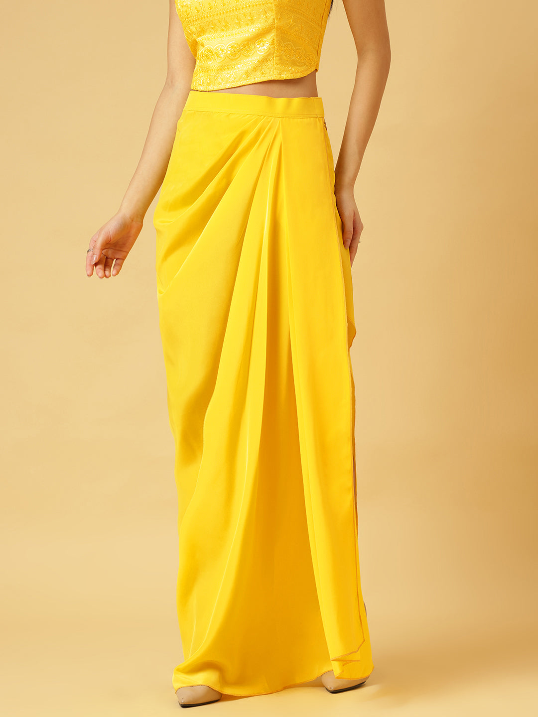 Sunshine Yellow Sequin Crop Top & Draped Skirt Co-ord Set for Women – Party Wear Two-Piece Outfit | Sleeveless, High-Slit Skirt, Festive Ensemble