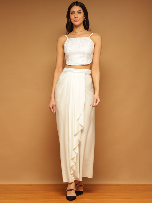Trymisfit White Sequin Crop Top & Draped Skirt Set for Women – Festive & Party Wear | Sleeveless Co-ord with High Slit