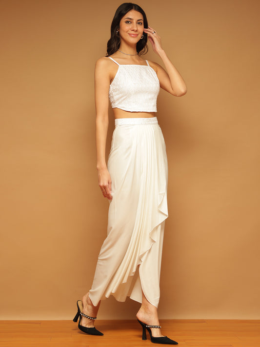 Trymisfit White Sequin Crop Top & Draped Skirt Set for Women – Festive & Party Wear | Sleeveless Co-ord with High Slit