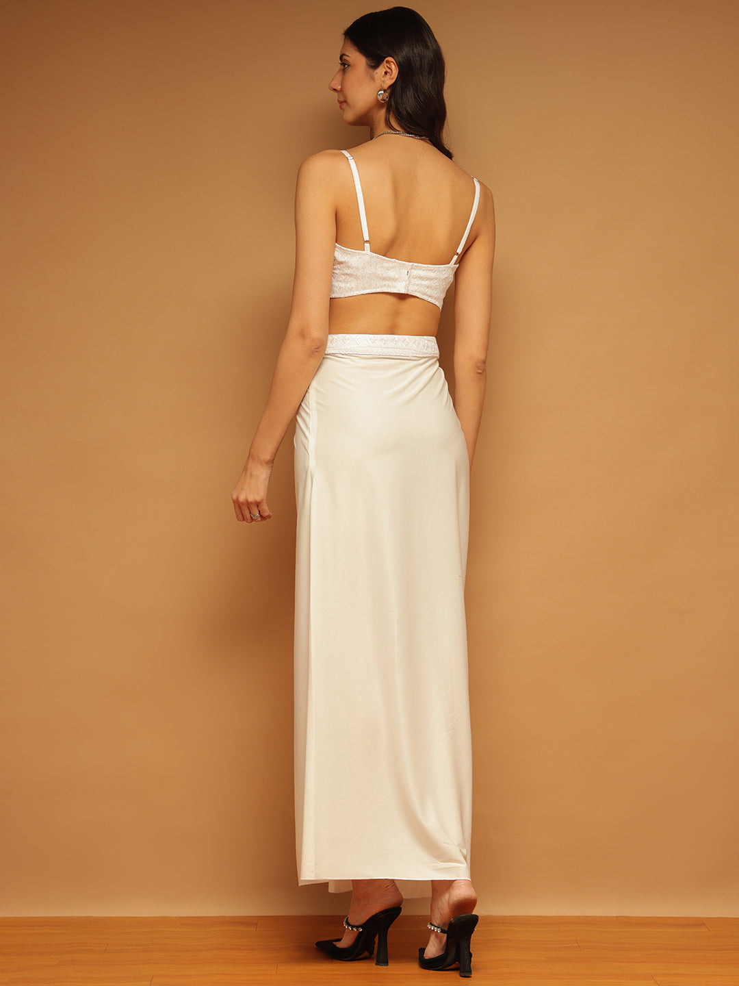Trymisfit White Sequin Crop Top & Draped Skirt Set for Women – Festive & Party Wear | Sleeveless Co-ord with High Slit