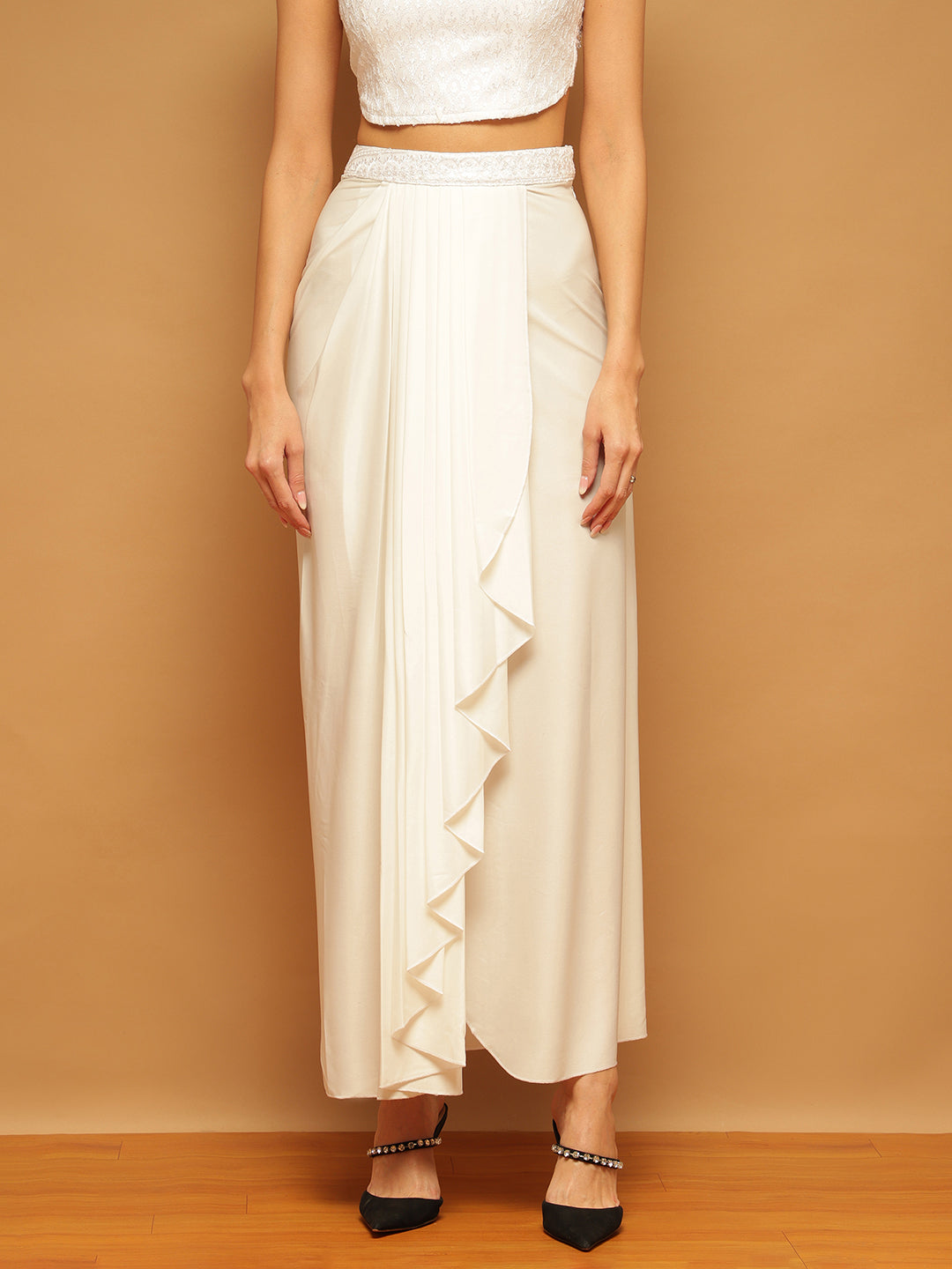 Trymisfit White Sequin Crop Top & Draped Skirt Set for Women – Festive & Party Wear | Sleeveless Co-ord with High Slit