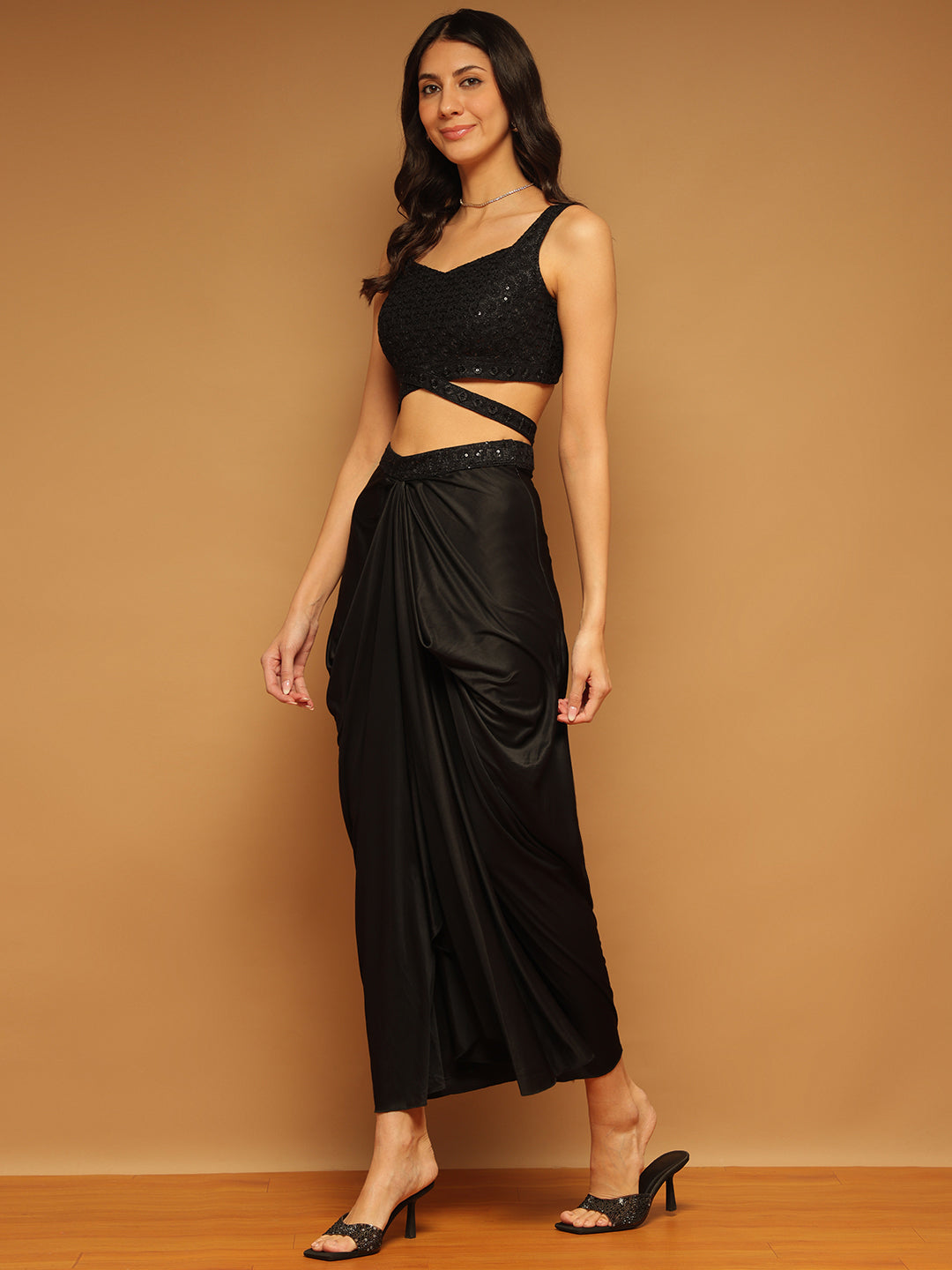 Trymisfit Black Sequin Crop Top & Draped Skirt Co-ord Set for Women – Party & Festive Wear | Sleeveless Designer Two-Piece Outfit