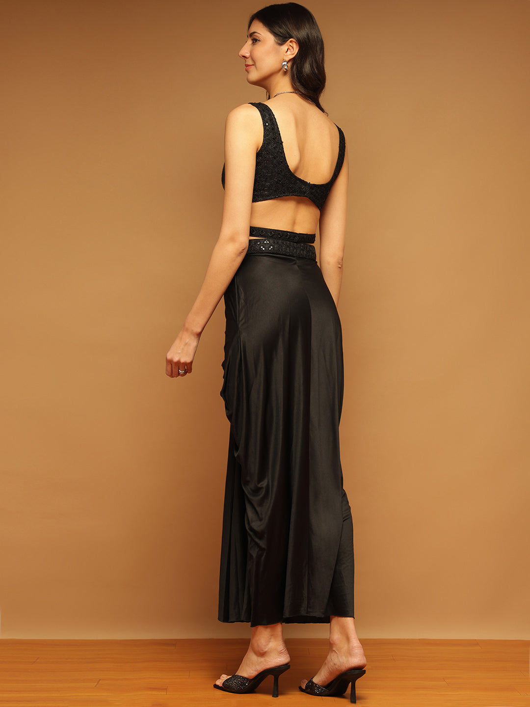 Trymisfit Black Sequin Crop Top & Draped Skirt Co-ord Set for Women – Party & Festive Wear | Sleeveless Designer Two-Piece Outfit
