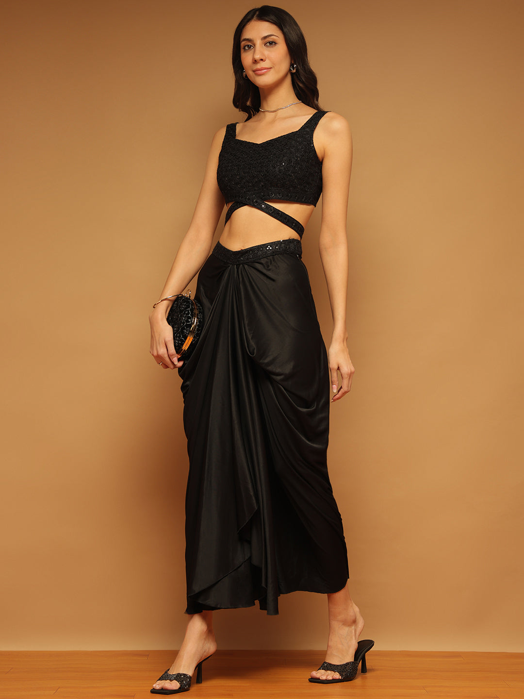 Trymisfit Black Sequin Crop Top & Draped Skirt Co-ord Set for Women – Party & Festive Wear | Sleeveless Designer Two-Piece Outfit