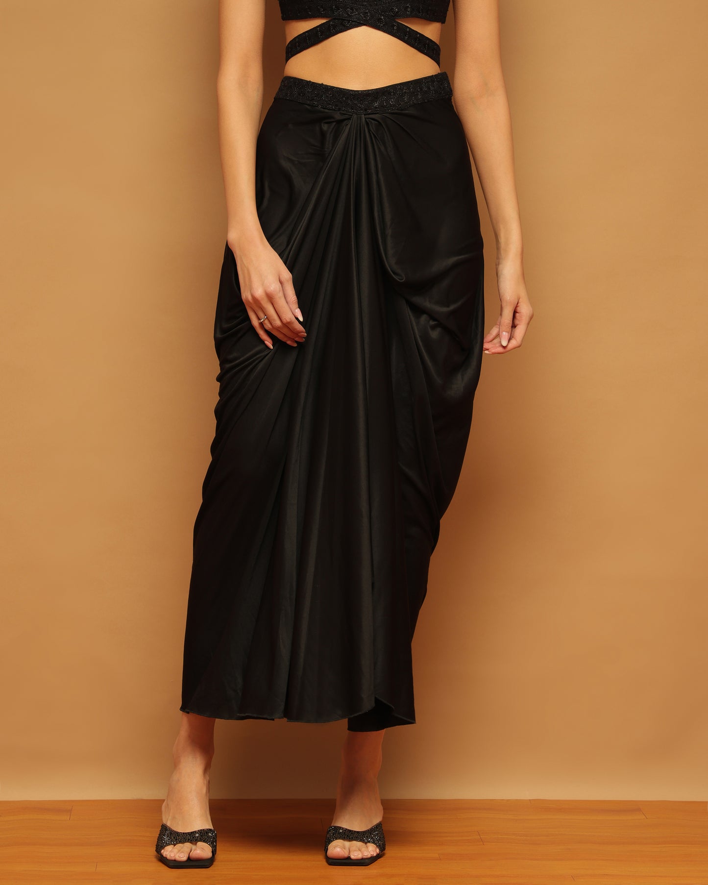 Trymisfit Black Sequin Crop Top & Draped Skirt Co-ord Set for Women – Party & Festive Wear | Sleeveless Designer Two-Piece Outfit