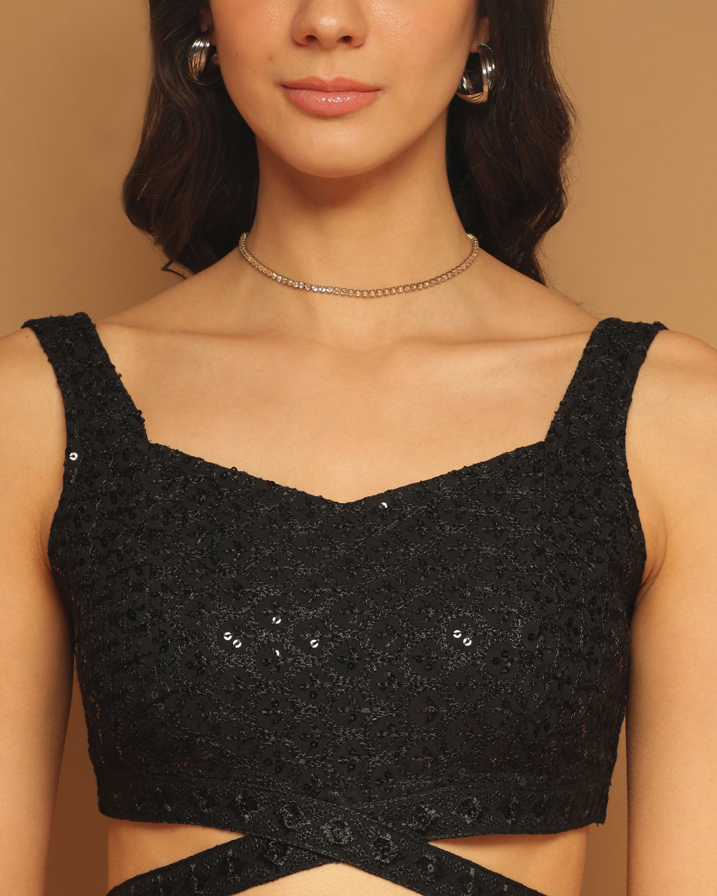 Trymisfit Black Sequin Crop Top & Draped Skirt Co-ord Set for Women – Party & Festive Wear | Sleeveless Designer Two-Piece Outfit