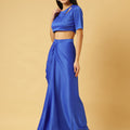 Trymisfit Royal Blue Satin Co-ord Set for Women – Cut-Out Crop Top & Draped Skirt | Party & Evening Wear