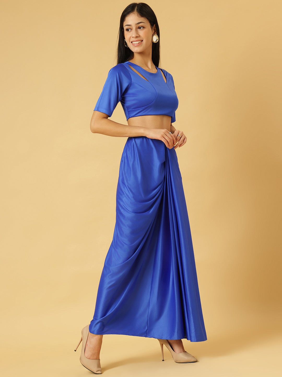 Trymisfit Royal Blue Satin Co-ord Set for Women – Cut-Out Crop Top & Draped Skirt | Party & Evening Wear