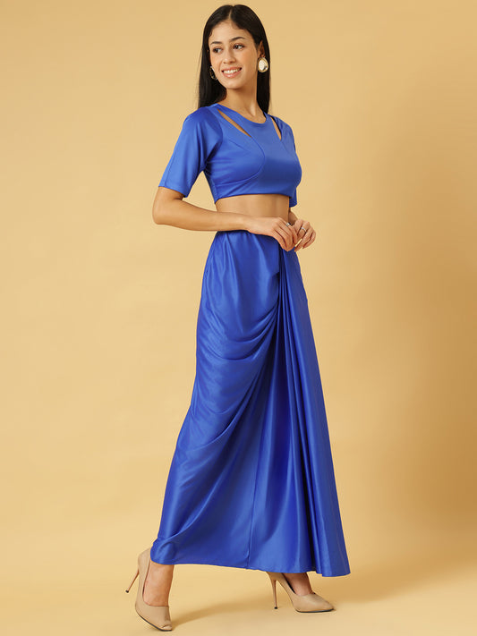Trymisfit Royal Blue Satin Co-ord Set for Women – Cut-Out Crop Top & Draped Skirt | Party & Evening Wear
