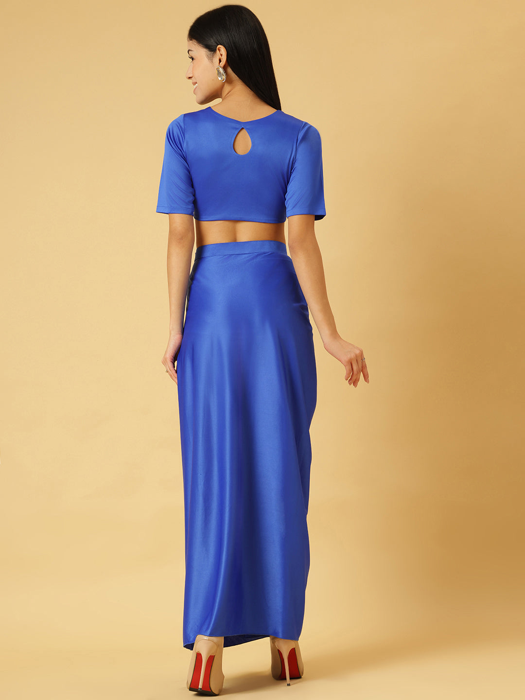 Trymisfit Royal Blue Satin Co-ord Set for Women – Cut-Out Crop Top & Draped Skirt | Party & Evening Wear