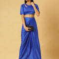 Trymisfit Royal Blue Satin Co-ord Set for Women – Cut-Out Crop Top & Draped Skirt | Party & Evening Wear