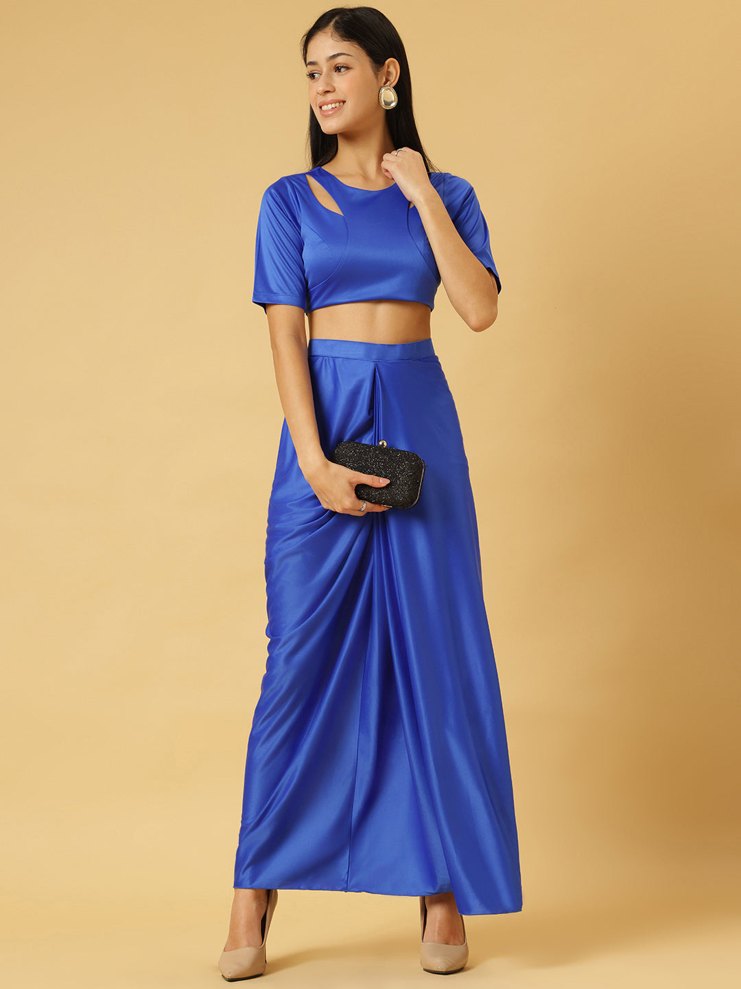 Trymisfit Royal Blue Satin Co-ord Set for Women – Cut-Out Crop Top & Draped Skirt | Party & Evening Wear