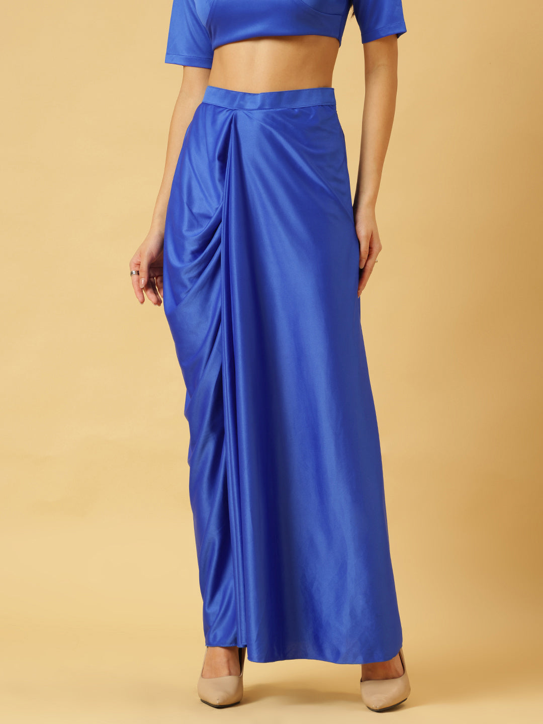 Trymisfit Royal Blue Satin Co-ord Set for Women – Cut-Out Crop Top & Draped Skirt | Party & Evening Wear
