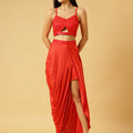 Trymisfit Satin Red Sequin Crop Top & Draped Skirt Set for Women – Party & Festive Wear Co-ord | Sleeveless Designer Outfit with High Slit
