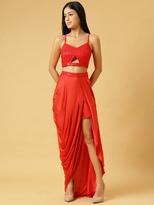 Trymisfit Satin Red Sequin Crop Top & Draped Skirt Set for Women – Party & Festive Wear Co-ord | Sleeveless Designer Outfit with High Slit
