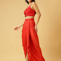 Trymisfit Satin Red Sequin Crop Top & Draped Skirt Set for Women – Party & Festive Wear Co-ord | Sleeveless Designer Outfit with High Slit