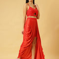 Trymisfit Satin Red Sequin Crop Top & Draped Skirt Set for Women – Party & Festive Wear Co-ord | Sleeveless Designer Outfit with High Slit