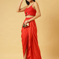 Trymisfit Satin Red Sequin Crop Top & Draped Skirt Set for Women – Party & Festive Wear Co-ord | Sleeveless Designer Outfit with High Slit