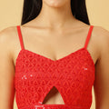 Trymisfit Satin Red Sequin Crop Top & Draped Skirt Set for Women – Party & Festive Wear Co-ord | Sleeveless Designer Outfit with High Slit