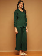 Trymisfit Dark Green Co-ord Set for Women – Button-Down Shirt & Wide-Leg Palazzos | Casual to Semi-Formal Wear