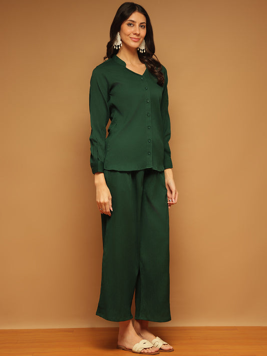 Trymisfit Dark Green Co-ord Set for Women – Button-Down Shirt & Wide-Leg Palazzos | Casual to Semi-Formal Wear