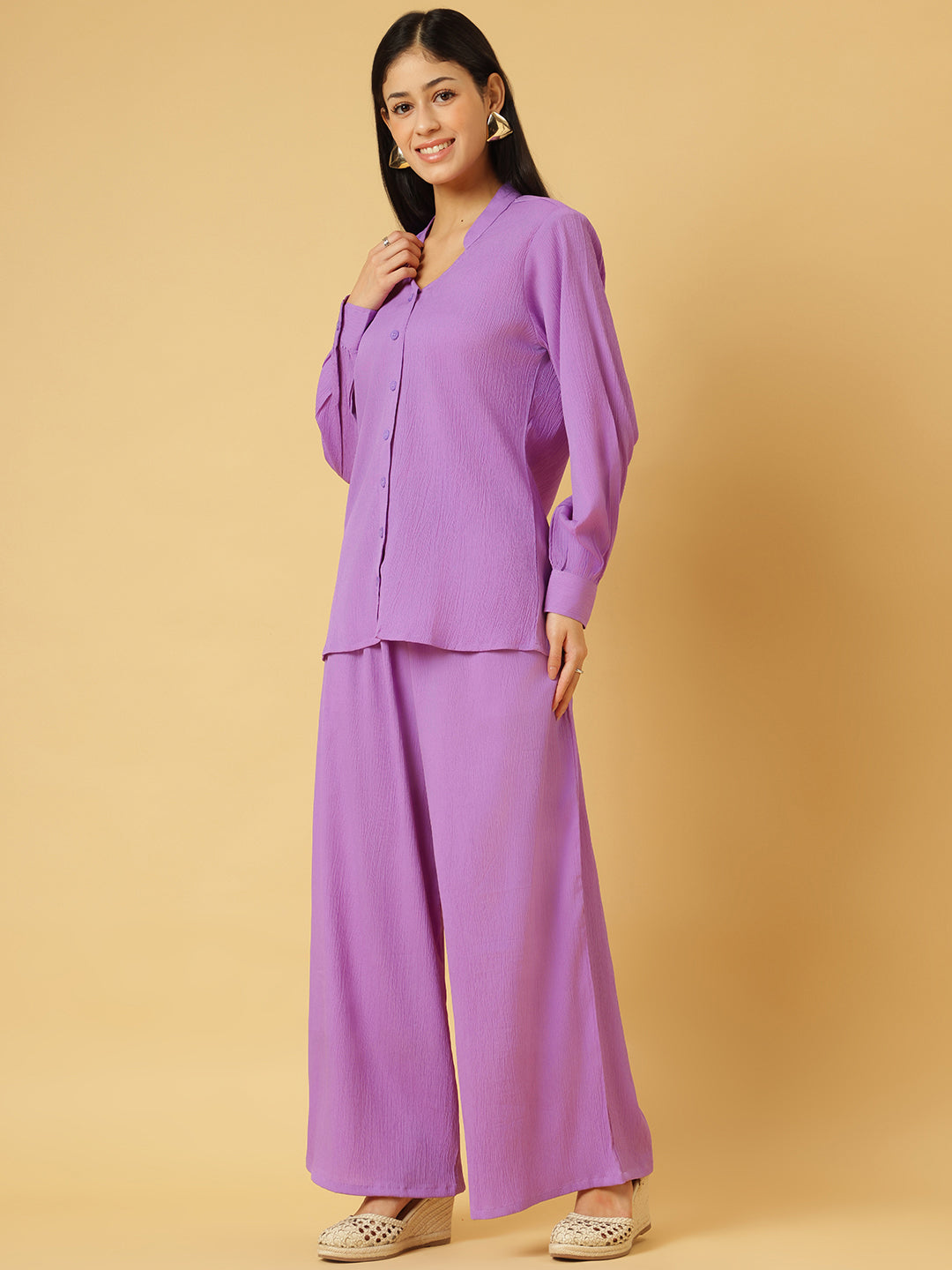 Trymisfit Lilac Co-ord Set for Women – Textured Button-Down Shirt & Wide-Leg Palazzos | Summer Casual & Brunch Outfit