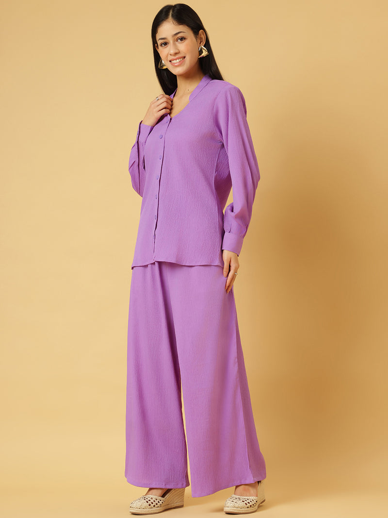 Trymisfit Lilac Co-ord Set for Women – Textured Button-Down Shirt & Wide-Leg Palazzos | Summer Casual & Brunch Outfit