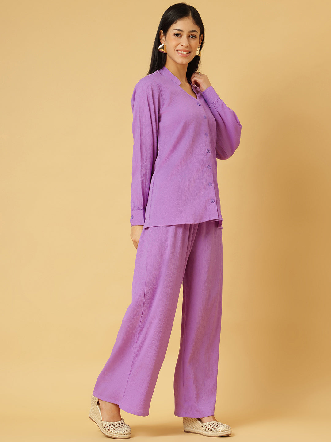 Trymisfit Lilac Co-ord Set for Women – Textured Button-Down Shirt & Wide-Leg Palazzos | Summer Casual & Brunch Outfit