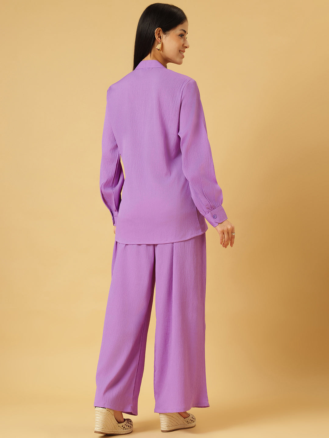 Trymisfit Lilac Co-ord Set for Women – Textured Button-Down Shirt & Wide-Leg Palazzos | Summer Casual & Brunch Outfit