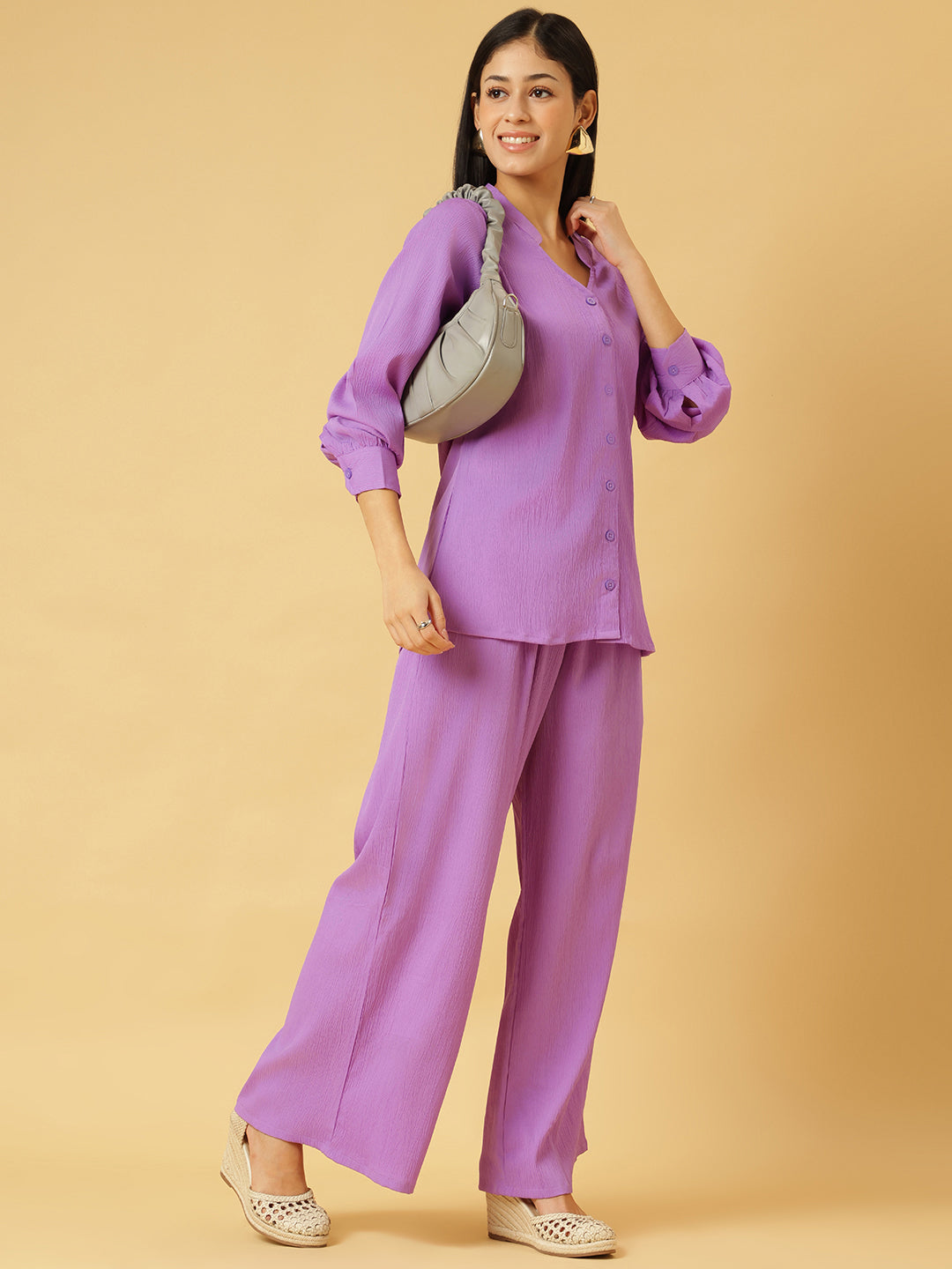 Trymisfit Lilac Co-ord Set for Women – Textured Button-Down Shirt & Wide-Leg Palazzos | Summer Casual & Brunch Outfit