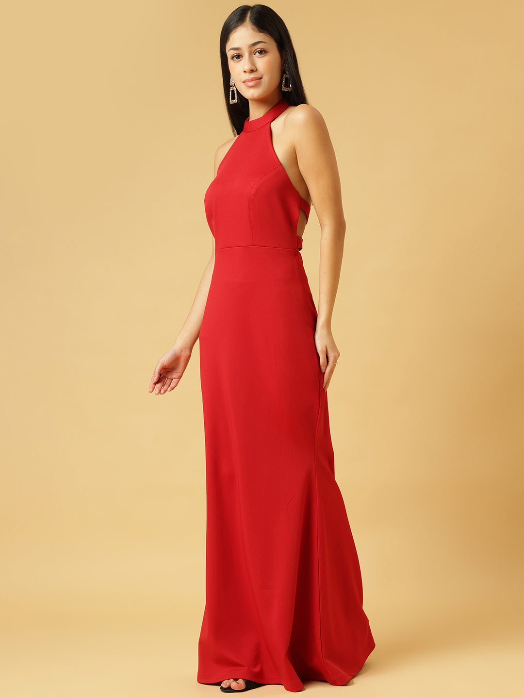 Trymisfit Red Halter Neck Bodycon Maxi Dress for Women – Elegant Evening & Party Wear | Sleeveless Stretch Fit