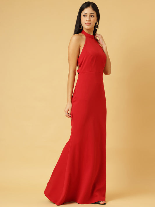Trymisfit Red Halter Neck Bodycon Maxi Dress for Women – Elegant Evening & Party Wear | Sleeveless Stretch Fit