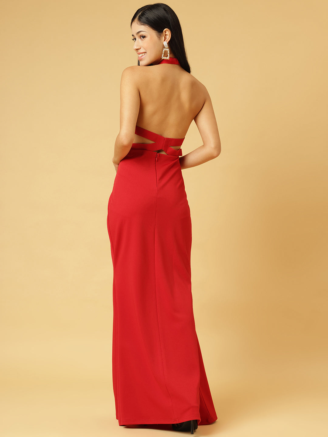 Trymisfit Red Halter Neck Bodycon Maxi Dress for Women – Elegant Evening & Party Wear | Sleeveless Stretch Fit