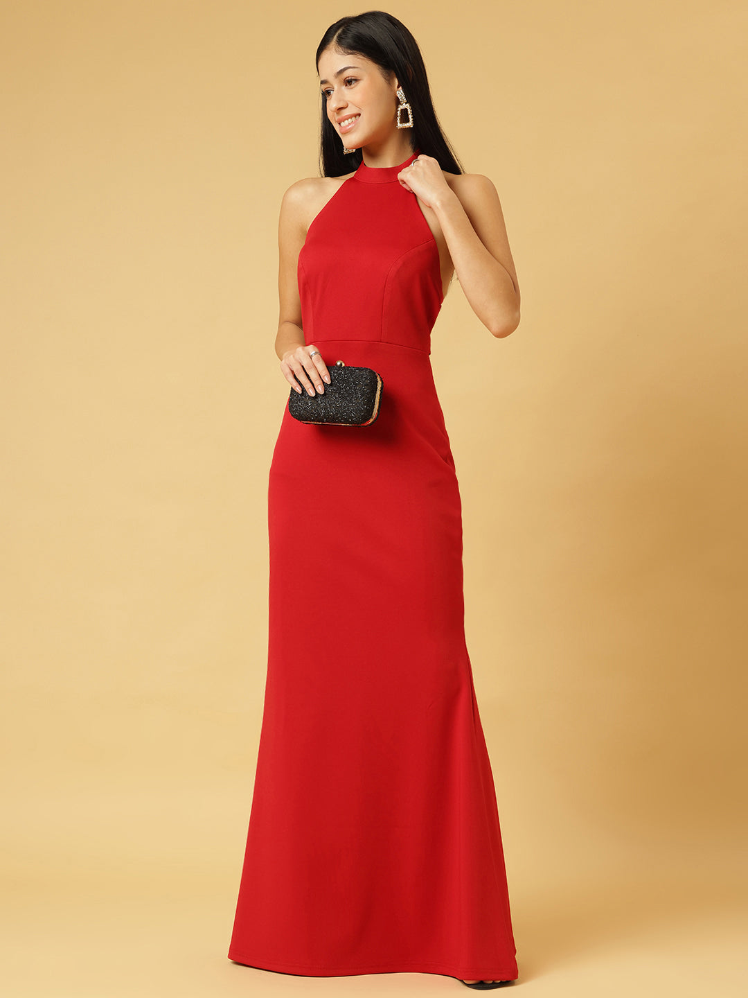 Trymisfit Red Halter Neck Bodycon Maxi Dress for Women – Elegant Evening & Party Wear | Sleeveless Stretch Fit