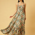 Trymisfit Green & Multicolor Printed Halter Neck Tiered Maxi Dress – Ethnic Geometric Print, Boho Summer Style