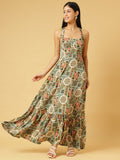 Trymisfit Green & Multicolor Printed Halter Neck Tiered Maxi Dress – Ethnic Geometric Print, Boho Summer Style