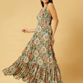 Trymisfit Green & Multicolor Printed Halter Neck Tiered Maxi Dress – Ethnic Geometric Print, Boho Summer Style