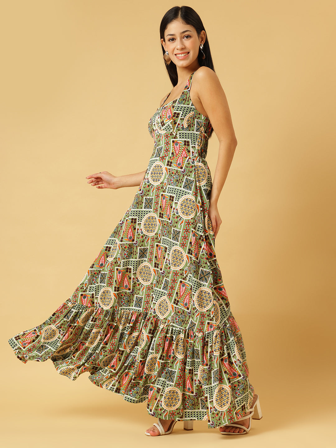 Trymisfit Green & Multicolor Printed Halter Neck Tiered Maxi Dress – Ethnic Geometric Print, Boho Summer Style