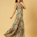 Trymisfit Green & Multicolor Printed Halter Neck Tiered Maxi Dress – Ethnic Geometric Print, Boho Summer Style