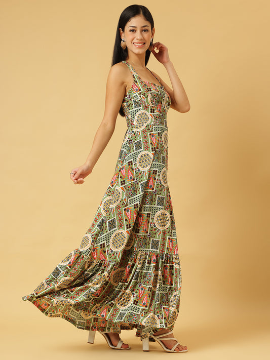Trymisfit Green & Multicolor Printed Halter Neck Tiered Maxi Dress – Ethnic Geometric Print, Boho Summer Style