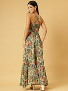 Trymisfit Green & Multicolor Printed Halter Neck Tiered Maxi Dress – Ethnic Geometric Print, Boho Summer Style