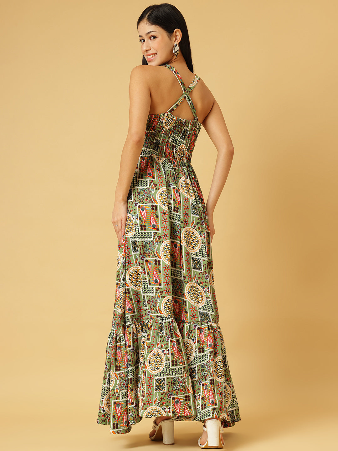 Trymisfit Green & Multicolor Printed Halter Neck Tiered Maxi Dress – Ethnic Geometric Print, Boho Summer Style