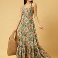Trymisfit Green & Multicolor Printed Halter Neck Tiered Maxi Dress – Ethnic Geometric Print, Boho Summer Style